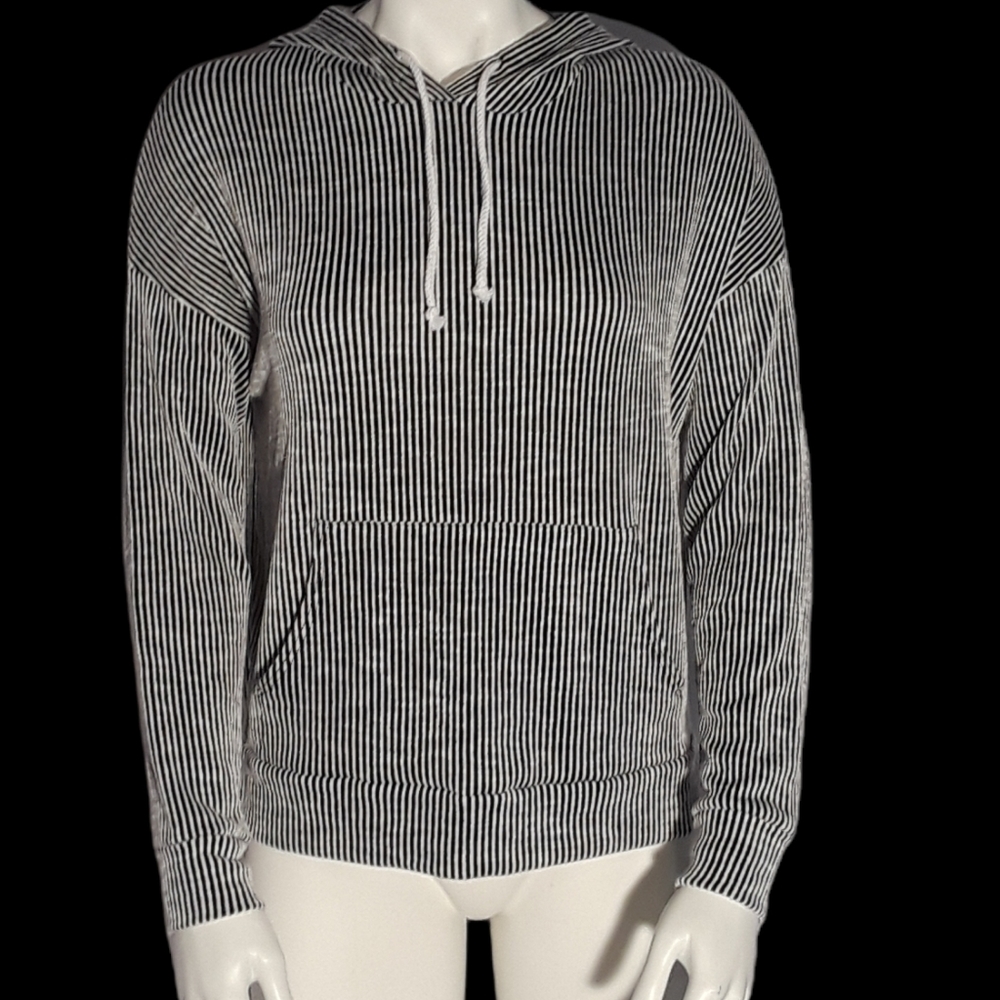 Ribbed Black and White Striped Hooded Top